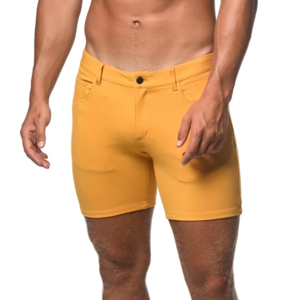 ST33LE AMBER YELLOW 5" INSEAM STRETCH KNIT JEANS SHORTS